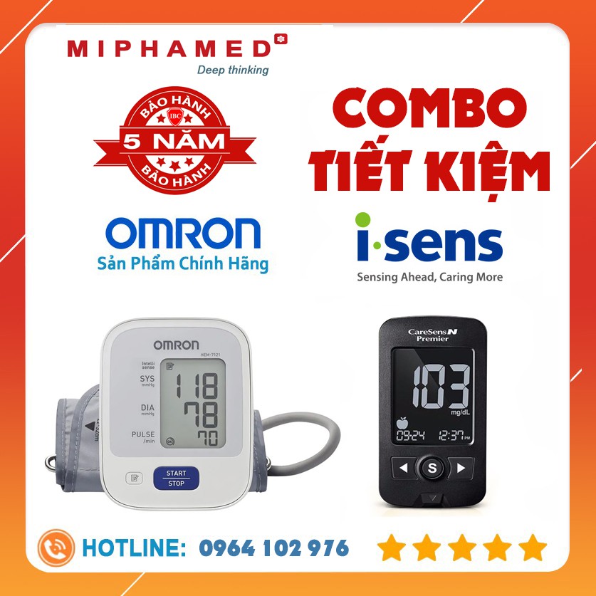 [COMBO TIẾT KIỆM] MÁY ĐO HUYẾT ÁP BẮP TAY TỰ ĐỘNG OMRON HEM-7121 VÀ MÁY ĐO ĐƯỜNG HUYẾT CARESENS N PREMIER