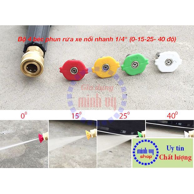 Bộ 4 Béc phun - (lỗ béc 1.0 - 1.2 - 1.4 - 1.6) từ 0 - 40 độ - Ren nối nhanh 1/4 inch