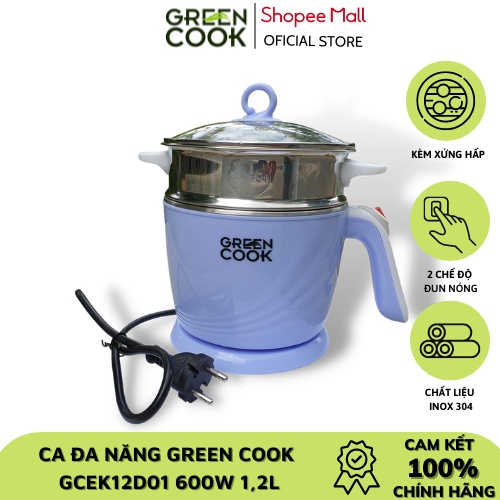 Nôi Mini đa năng Green Cook GCEK12D01 600W 1,2L màu xanh có vỉ hấp