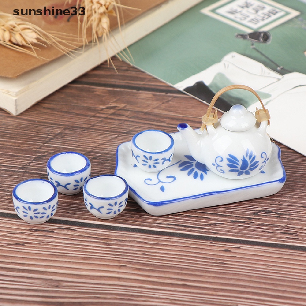 Set 6 món mô hình đĩa bình tách trà gốm xanh lam gợn sóng cho nhà búp bê