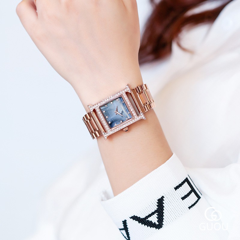 Đồng hồ nữ Guou 8214 chữ H đính đá dây kim loại thép đúc đặc chính hãng chống nước