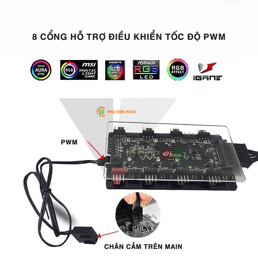 Bộ chuyển đổi LED 5V ARGB 12V RGB PWM 8 cổng - Fan Hub chuyển đổi 12V RGB về 5V ARGB PWM tích hợp