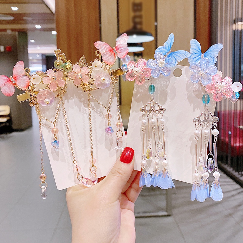 1 Cặp Trâm Cài Tóc Tua Rua Hình Bướm Phong Cách Cổ Điển Cho Bé Gái