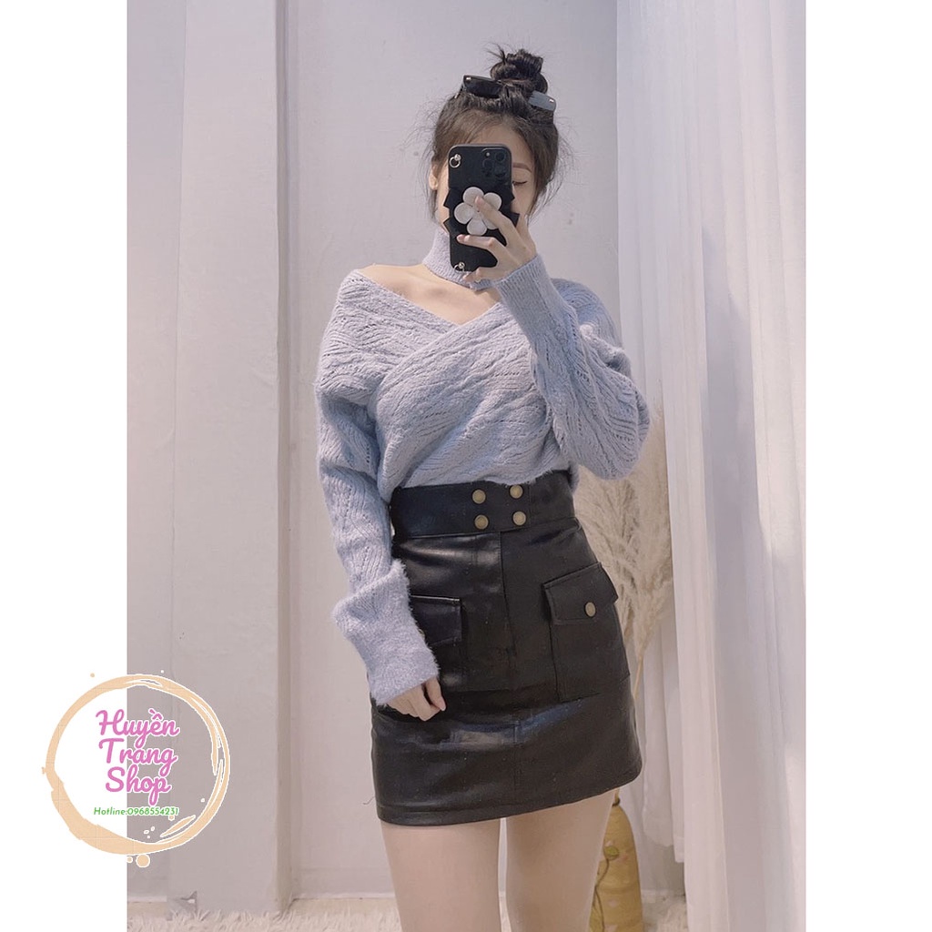 Áo len trễ vai kèm vòng cổ sang chảnh MÀU XANH