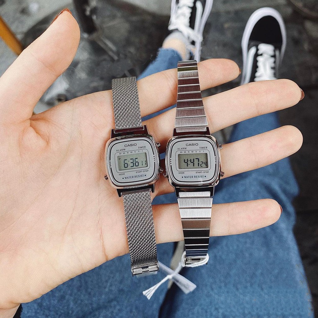 Đồng hồ nữ Casio điện tử chính hãng mặt vuông chống nước 3ATM , dây kim loại -LA670W