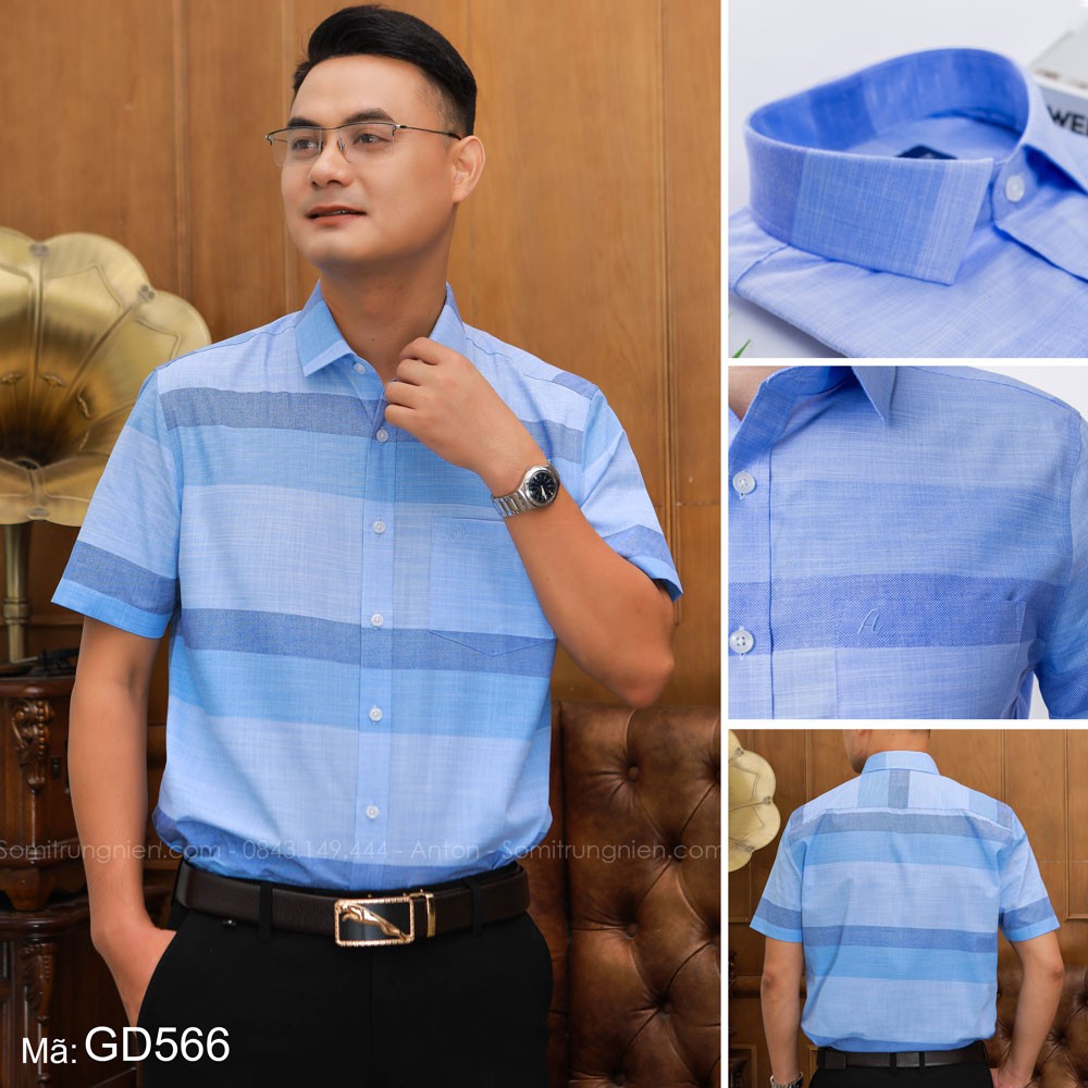 Áo Sơ Mi Nam Công Sở Trung Niên Thương Hiệu Anton Ngắn Tay Vải Sợi Tre Kẻ Caro Xanh Dương - GD566 | BigBuy360 - bigbuy360.vn