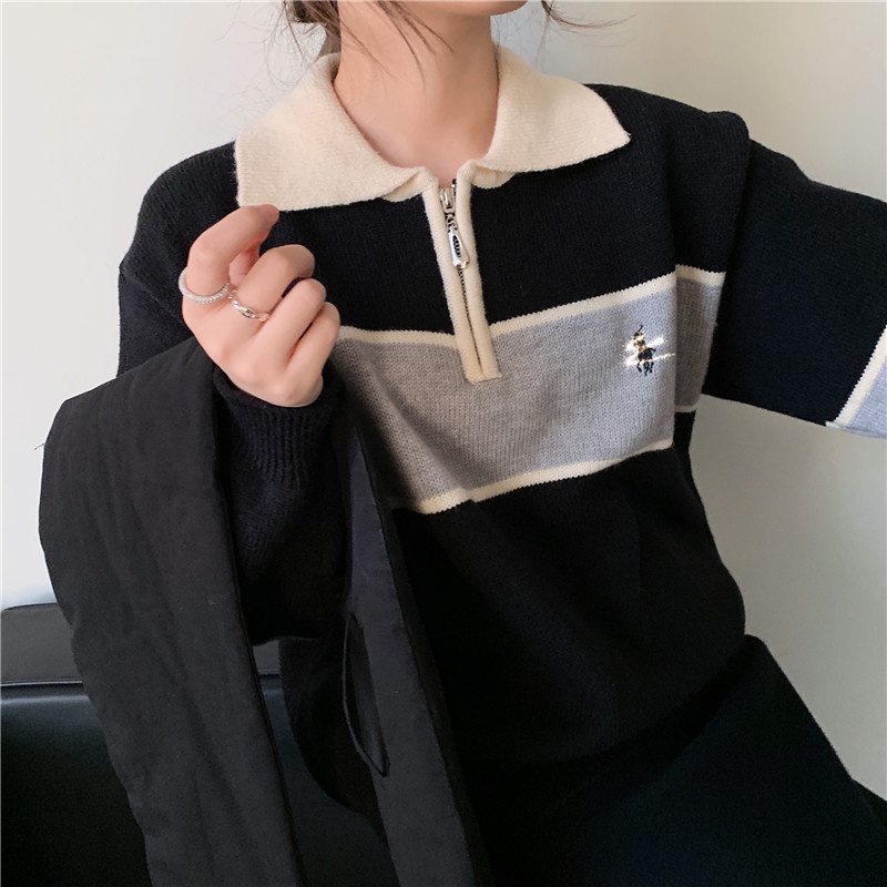 Áo Dệt Kim Dài Tay Dáng Rộng Họa Tiết Kẻ Sọc Phong Cách Mỹ Thời Trang 47665