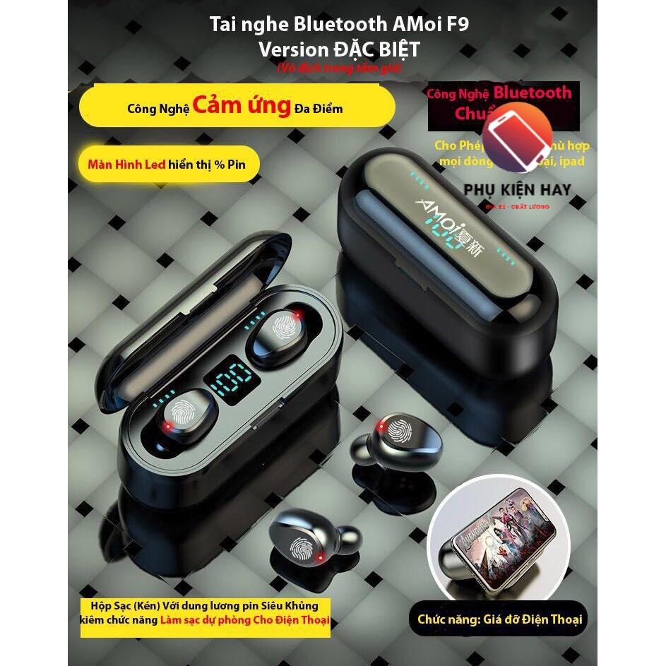 Tai nghe Bluetooth AMOI F9 TWS 5.0 bản QUỐC TẾ không dây cảm ứng chống nước IPX5, chống ồn tích hợp sạc dự phòng 2500mAh