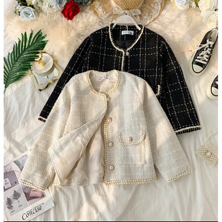 Áo khoác dạ vải tweed đính trai tiểu thư (đăng kèm ảnh thật)