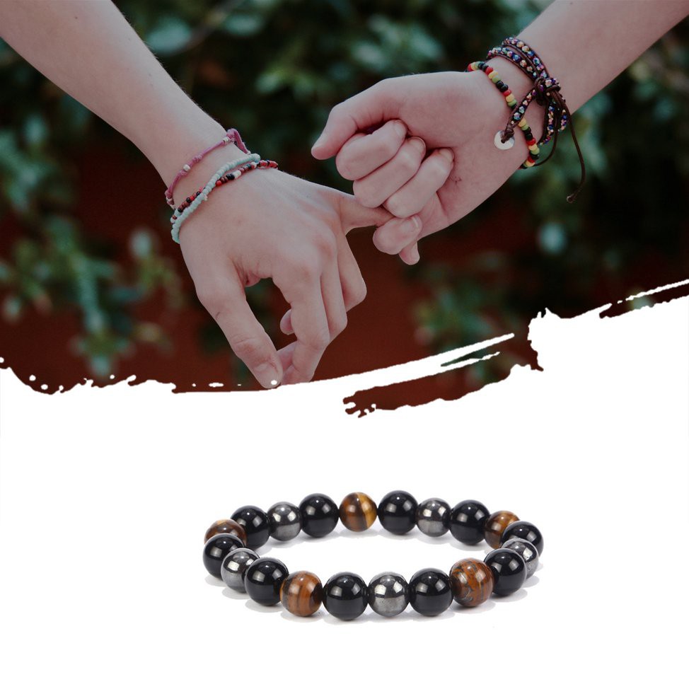 Vòng tay chuỗi hạt xâu ba loại hạt gồm đá mắt hổ đá hematite đá núi lửa đen phục hồi sự tự tin giảm năng lượng tiêu cực