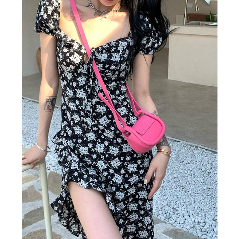 Đầm midi Tay Ngắn Hoạ Tiết Hoa Thiết Kế Xẻ Hợp Thời Trang