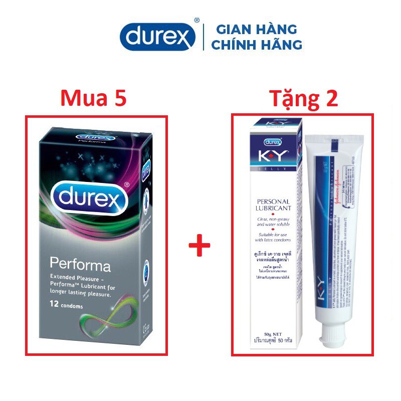 [Hộp 12 bao] Bao cao su Kéo dài thời gian Durex Performa - Tặng Ngay 2 Gel bôi trơn KY