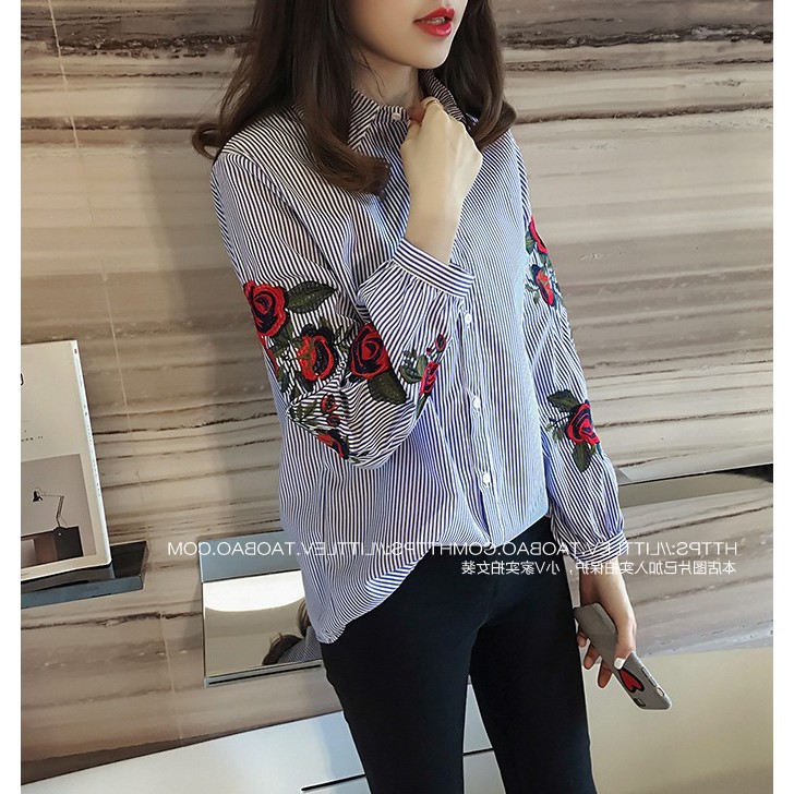 ÁO SƠ MI CỔ ĐỨC TAY THÊU HOA