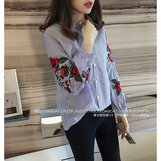 Áo sơ mi cổ đức tay thêu hoa