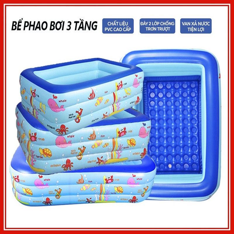 Bể bơi cho bé cao cấp hình chữ nhật đủ kích cỡ có đáy 2 lớp chống trượt an toàn bền đẹp