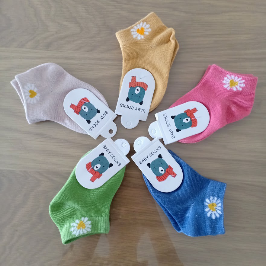 Set 5 đôi vớ cotton màu mẫu hoa cúc size 0-12 tháng/ Tất sơ sinh em bé mềm mịn