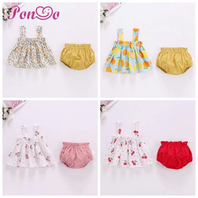 Set Đồ 2 Món Gồm Đầm In Hình Trái Cherry + Quần Lót Họa Tiết Trái Chanh Dễ Thương Cho Bé Gái