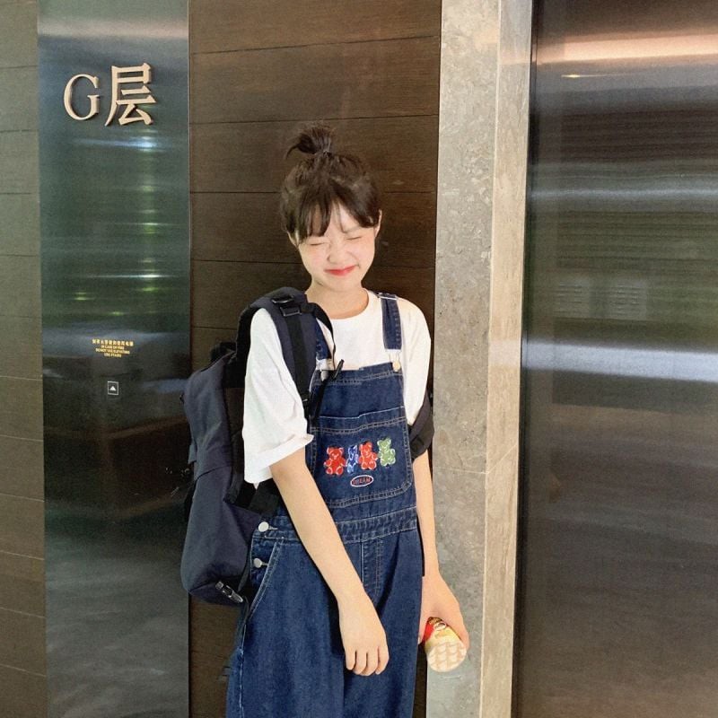 Quần yếm bò xanh đậm hình 3 chú gấu bear xinh xắn ống dài suông hách dáng hot TikTok