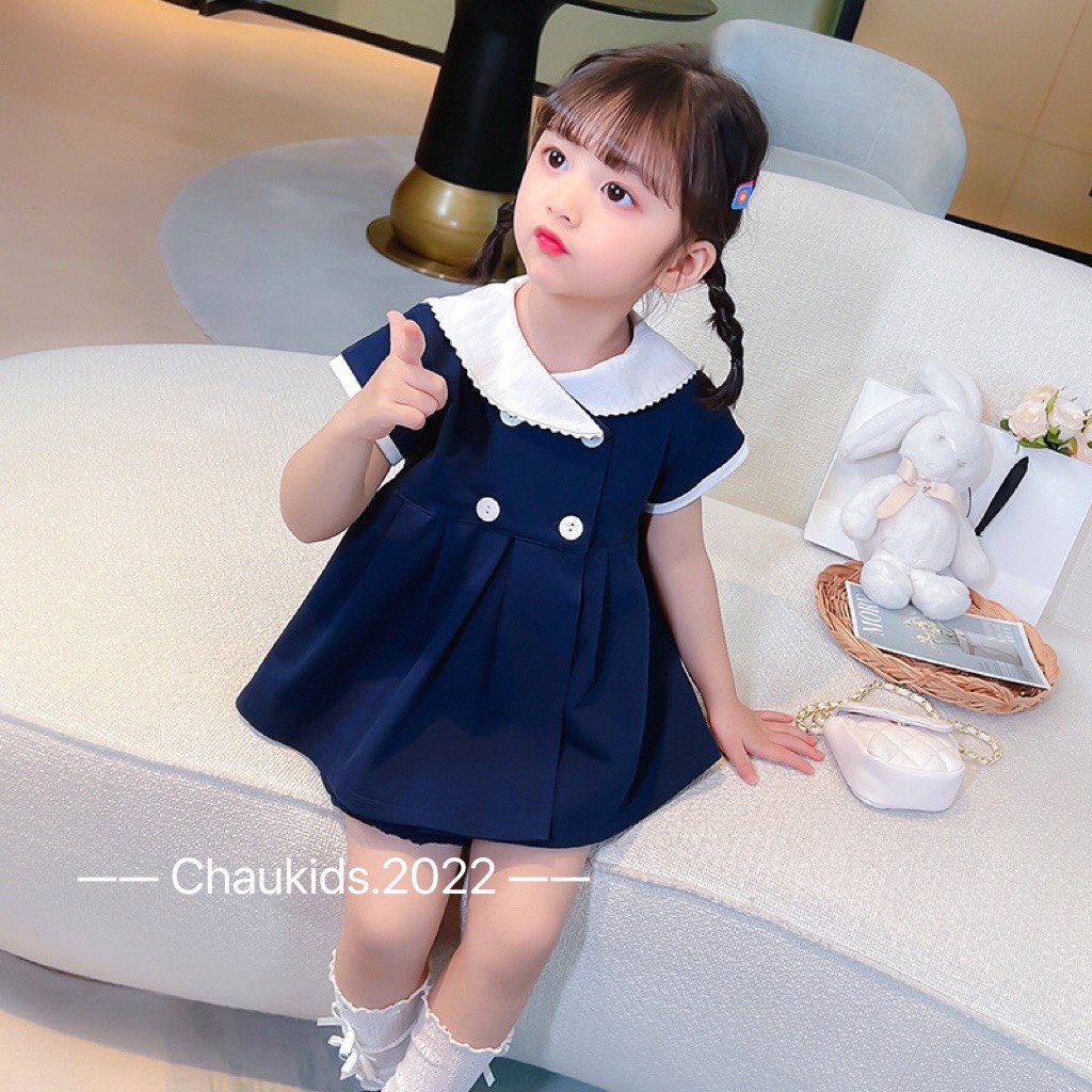 Set bộ than quần chip cổ trắng bé gái