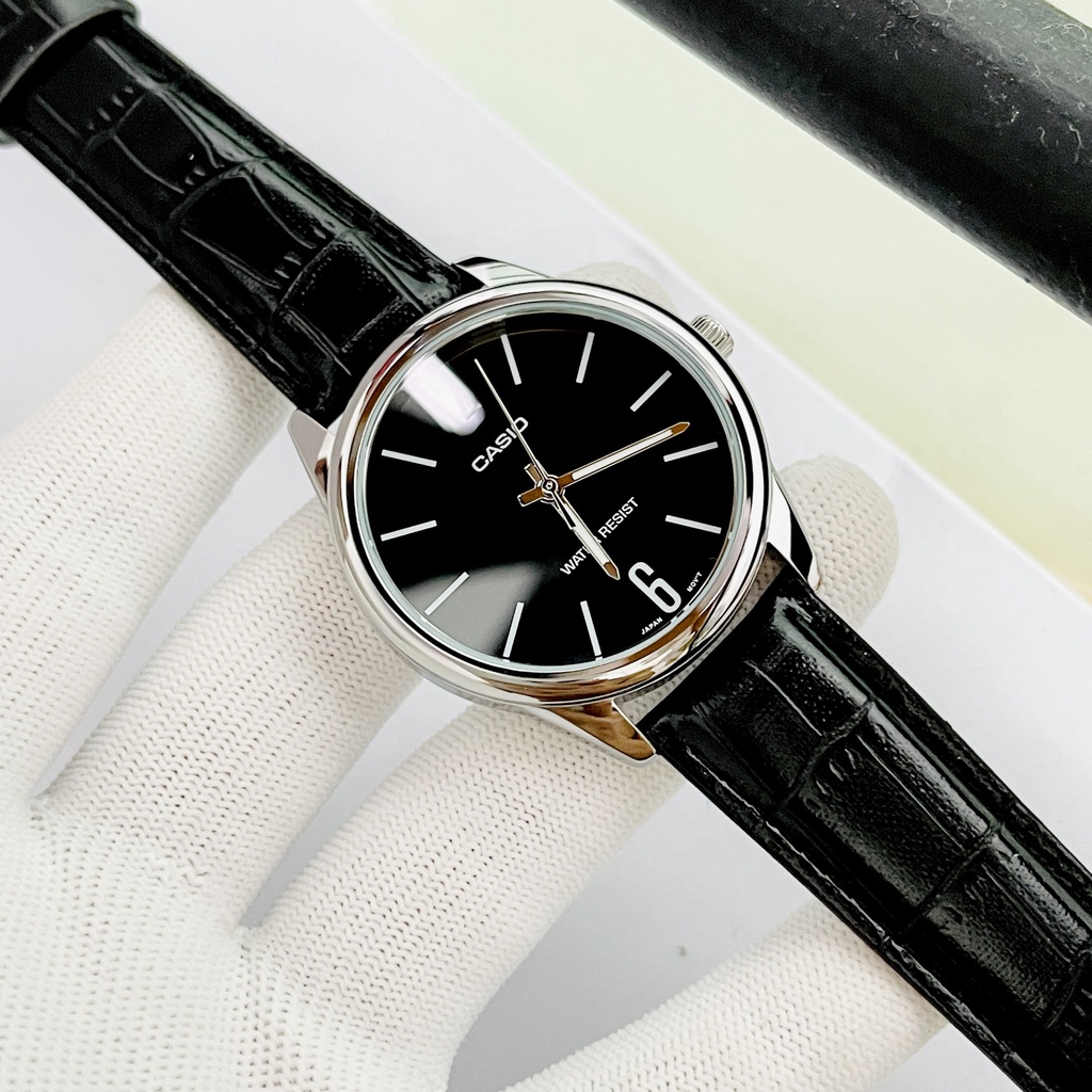Đồng hồ nam nữ - Đồng hồ đôi dây da mặt đen Casio V005L-1B chống nước 3ATM Bảo hành 1 năm Hyma watch
