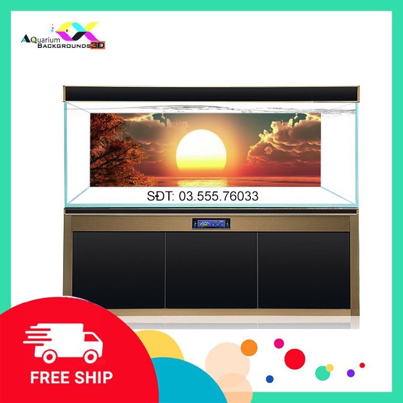 Tranh 3D dán hồ cá cảnh bình minh, siêu đẹp, có keo sẵn trên bề mặt, có thể in theo kích thước yêu cầu