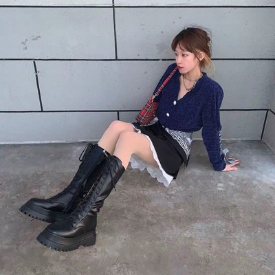 BOOT ĐÙI DA ĐẾ 4CM VIỀN ĐEN DÂY ĐEN BOOTS CAO CỔ ULZZANG NỮ