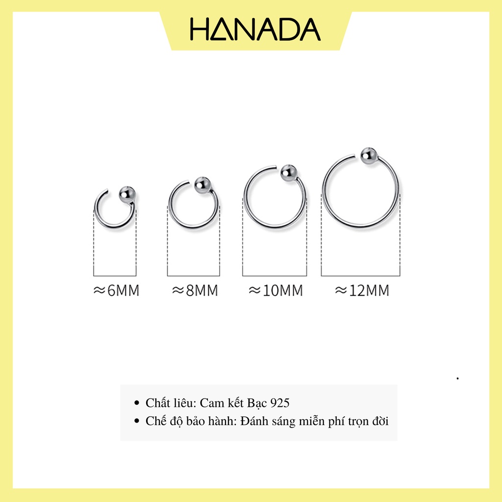 Khuyên Tai Tròn Nữ Bạc 925 Khoen Trơn Hở Bông Tai Đầu Bi Đeo Nhiều Lỗ Hanada 0970