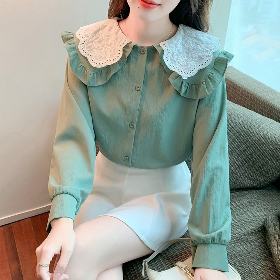 Áo Sơ Mi Chiffon Tay Dài Cổ Búp Bê Phong Cách Thời Trang Hàn Quốc Dành Cho Nữ