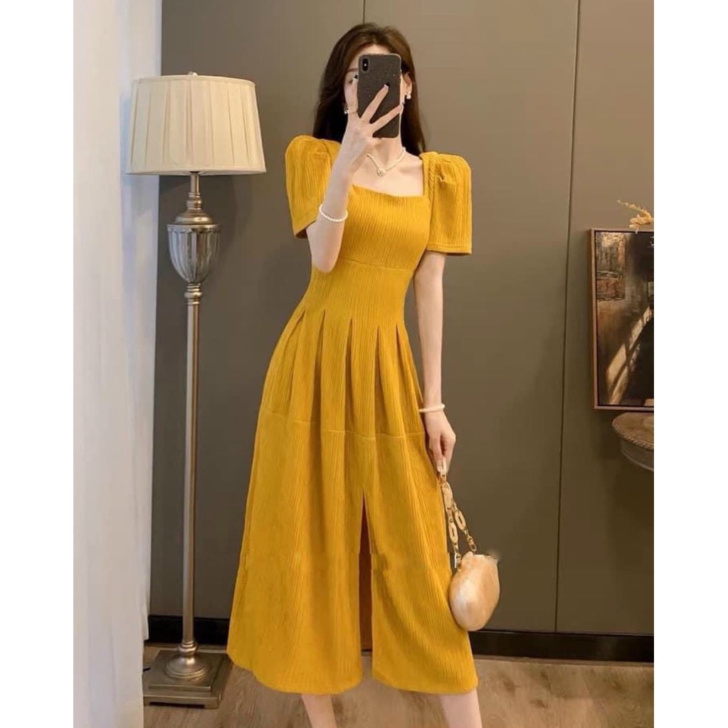 Váy đầm cổ vuông xẻ tà xếp ly eo,đầm nữ dáng xòe dài thiết kế chất liệu xốp gân sọc (full 2 lớp) nhẹ nhàng sang chảnh MP