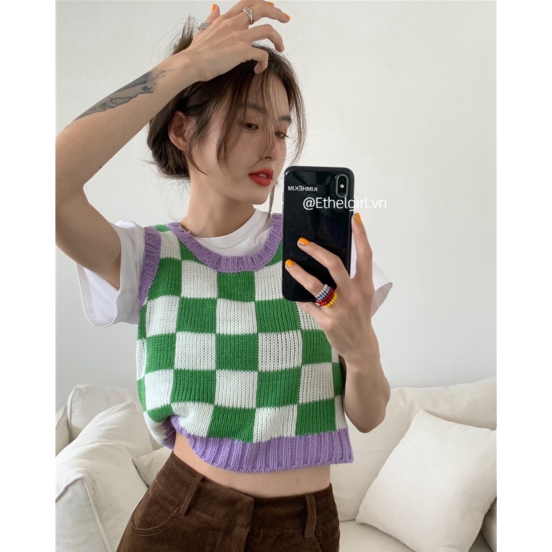 Áo Croptop Dệt Kim Không Tay Kẻ Sọc Ca Rô Phong Cách Retro Hàn Quốc Thời Trang Cho Nữ