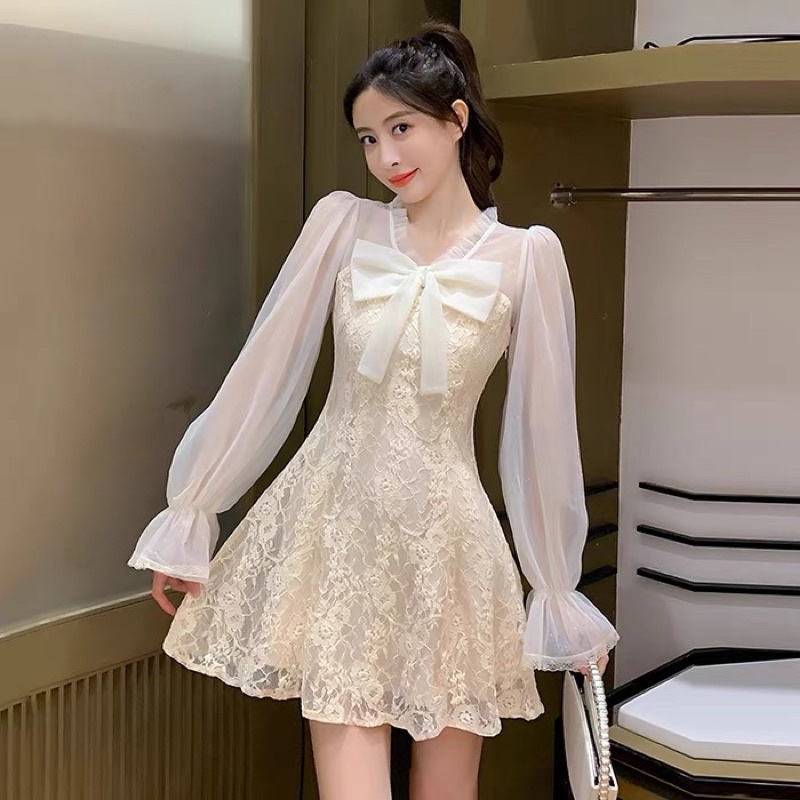 Váy ulzzang ren lưới kiểu tiểu thư tay loe/Đầm xoè công chúa dự tiệc bánh bèo điệu vintage đi tiệc