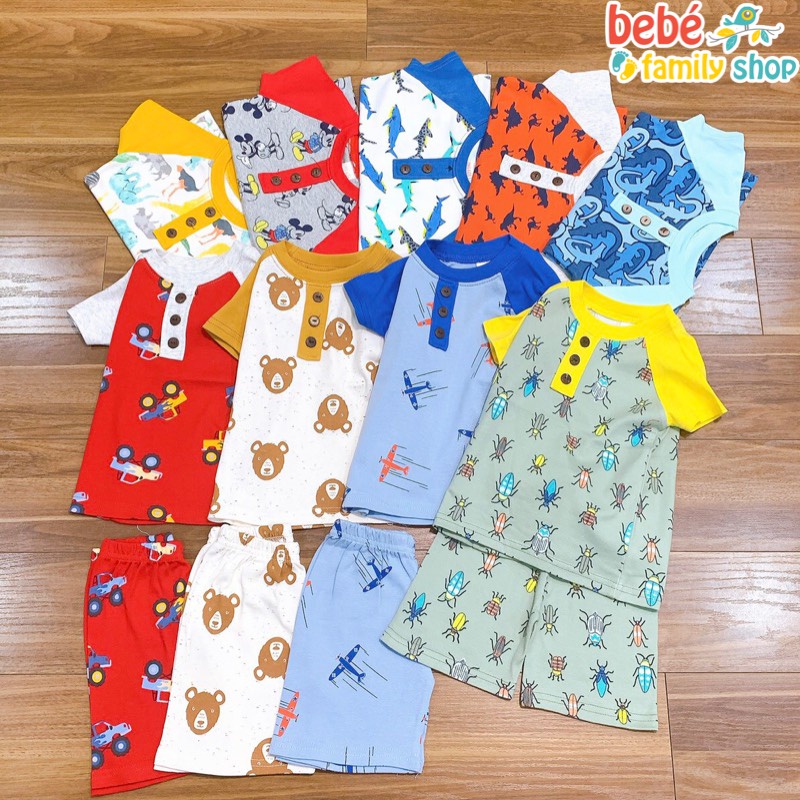 Bộ quần áo cho bé trai cộc tay, cổ trụ họa tiết khủng long, thú, mặc nhà chất thun bozip - STG bebefamilyshop