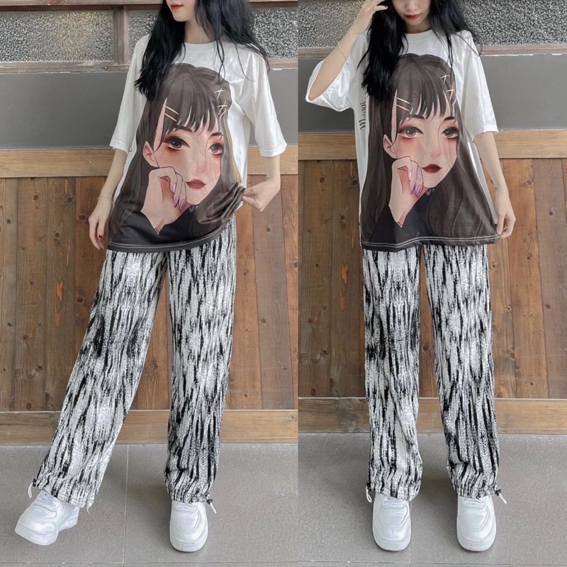 Set Bộ Quần LongPant 3D Sọc Hoạ Tiết Áo Thun Tay Lở Cô Gái Ảnh Thật