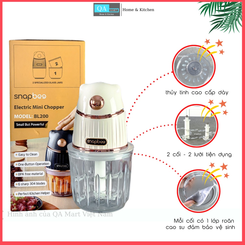 Máy xay thịt thực phẩm đa năng Snapbee BL200  - 2 cối thủy tinh, công suất 200W, bảo hành 12 tháng | QA Mart