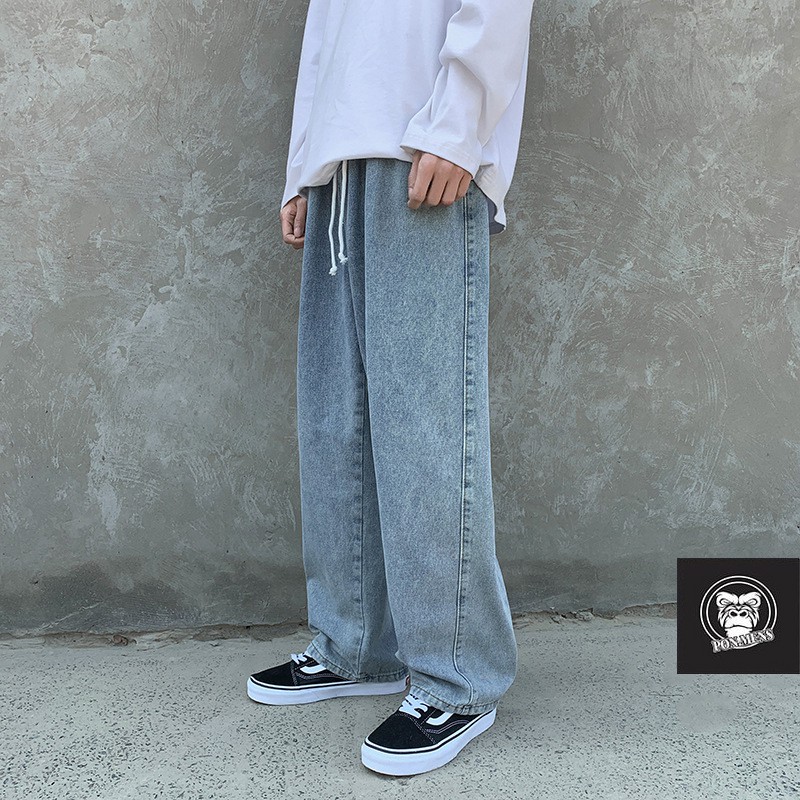 Quần jean baggy ống suông nam nữ rộng lưng chun màu xanh 2021