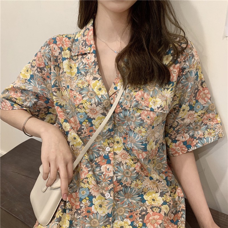 Áo Sơ Mi Tay Ngắn Chất Chiffon Phối Họa Tiết Hoa Xinh Xắn Thời Trang Kiểu Pháp