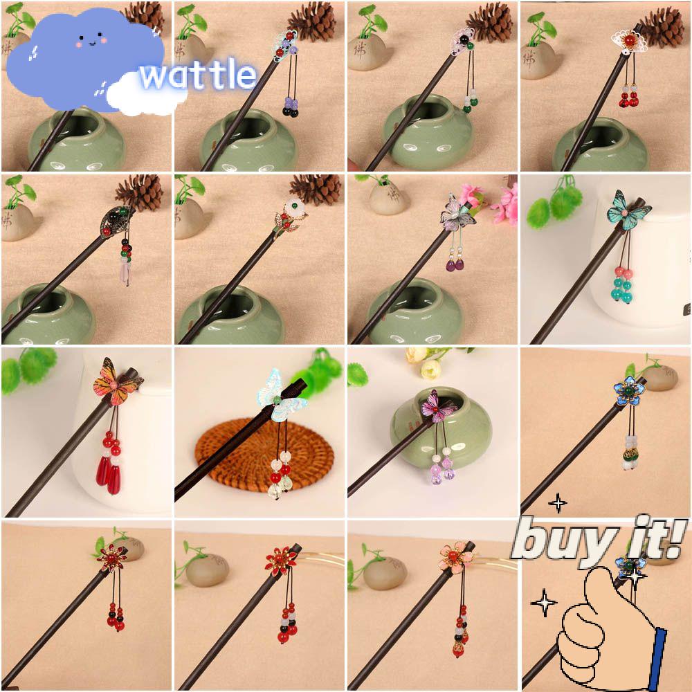 Trâm Cài Tóc Bằng Gỗ Mun Đính Hoa Phối Tua Rua Thời Trang