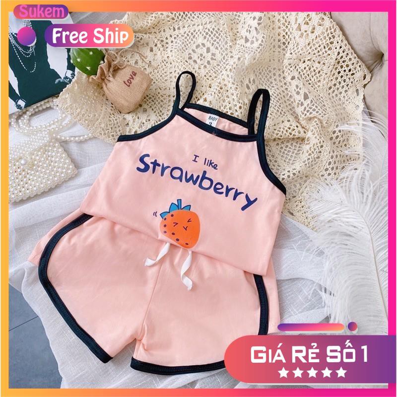 Bộ Quần Áo Hai Dây Cho Bé Gái In Hình Dâu Tây Strawberry Siêu Đáng Yêu Cho Bé từ 10 - 24kg Mã HD07