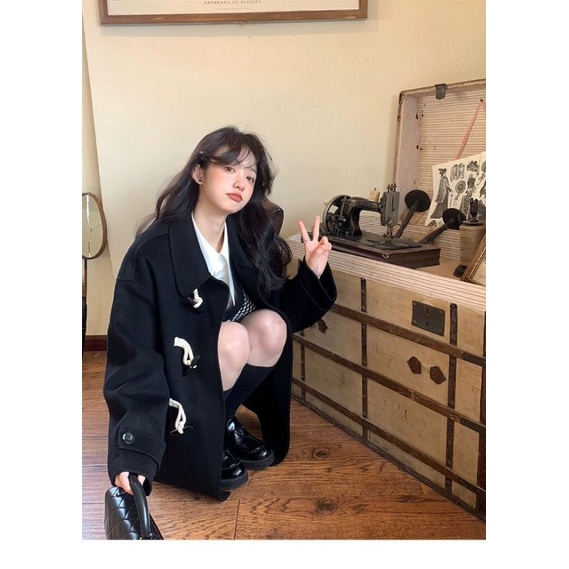 Áo khoác dạ đen cài nút mùa đông oder taobao