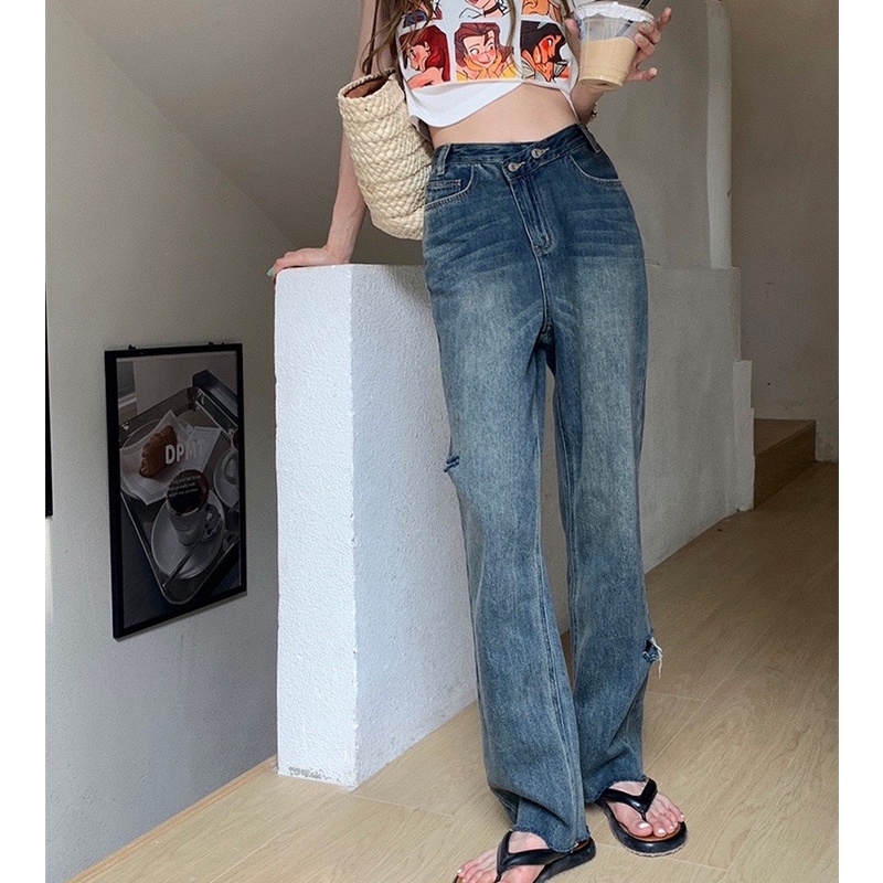 Quần Jean Nữ Lưng Cao Ống Đứng Rách Gối Thời Trang