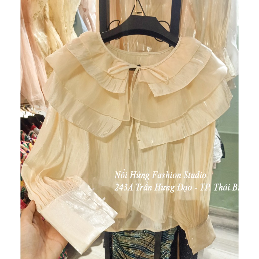 áo freesize somi kiểu cách điệu cổ bèo nhiều tầng dài tay công sở màu kem be đẹp xinh trẻ trung thiết kế chuẩn xịn | BigBuy360 - bigbuy360.vn