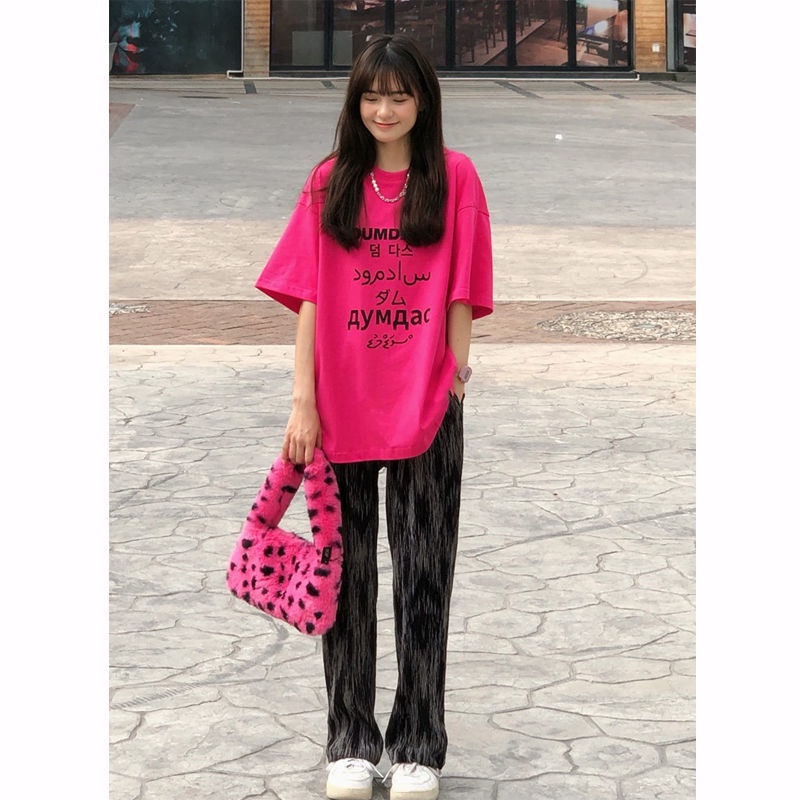 Set Áo Thun Ngắn Tay In Chữ + Quần Dài Ống Rộng Thời Trang Nữ