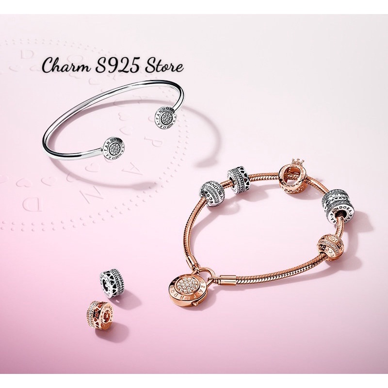 charm pan hình trụ đính đá hoạ tiết logo xoay bạc s925 cao cấp