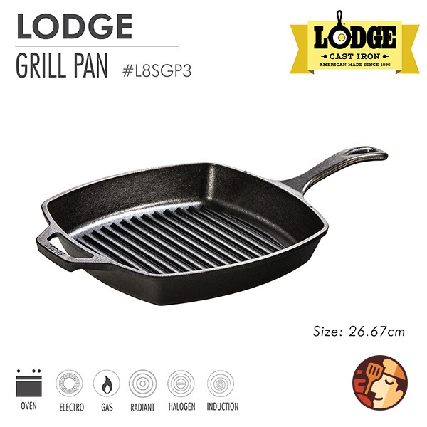 Chảo gang nướng Lodge rãnh vuông 26.7 cm chống dính tự nhiên dùng được cho mọi loại bếp và lò nướng