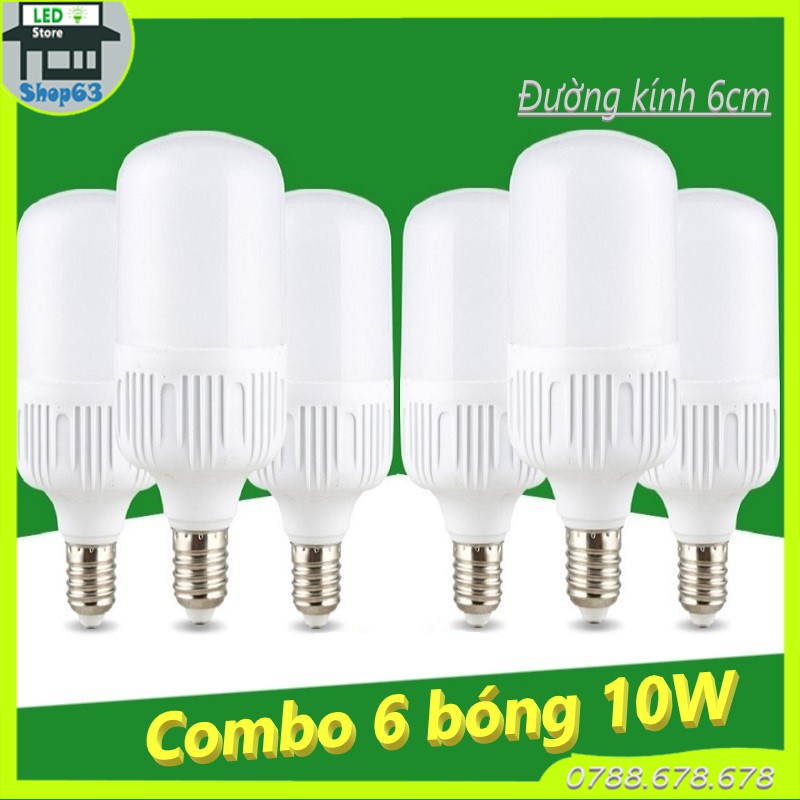 Combo 6 bóng đèn trụ tròn 10W - ánh sáng trắng (đường kinh 6cm - tản nhiệt nhôm dày - bảo hành 12 tháng)