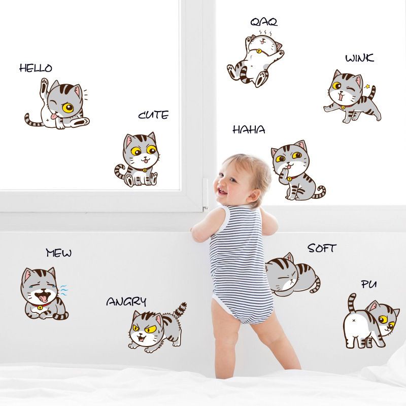 1 Tấm Decal dán tường Tự Dính Bằng PVC In Hình Mèo Hoạt Hình Trang Trí Phòng Bé