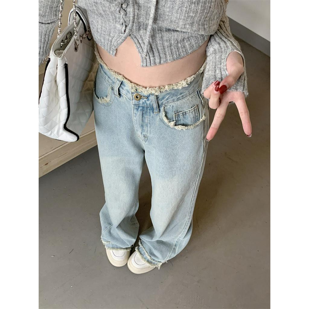 Quần Jeans Sờn Ống Rộng Cạp Cao Viền Tua Rua Phong Cách Mới 63618