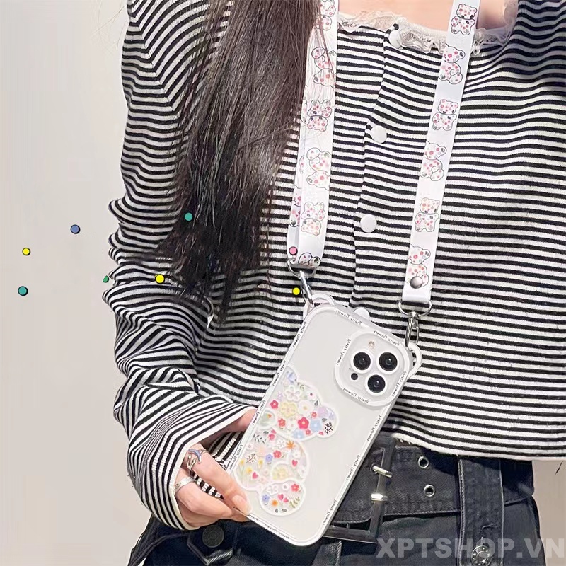 Ốp Điện Thoại Silicon Mềm Chống Sốc Hình Gấu Ngồi Và Hoa Có Dây Đeo Cho iPhone14 Pro Max 13 Pro Max 12 Pro Max 11 Pro Max