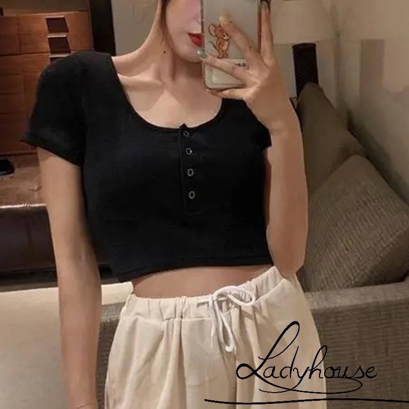LD-Women Crop Tops Casual U Neck Short Sleeve Solid Color Snap Buttons Slim Short T-shirts Tees