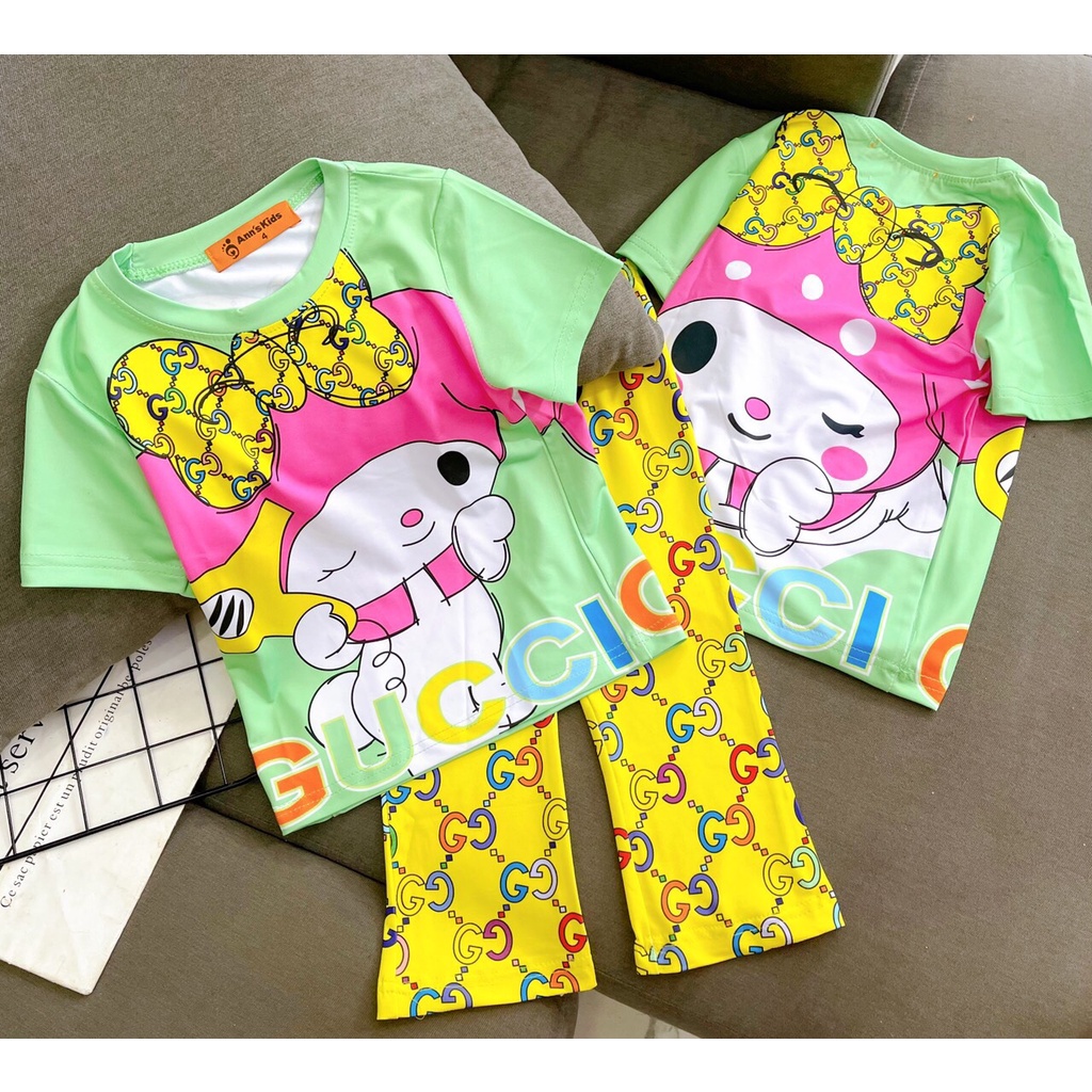 Đồ Bộ Bé Gái 8-40 Kg Set Quần Dài Ống Loe Áo Cộc Tay Thun Lạnh 3D Trẻ Em In Hoạt Hình Hot Trend Đẹp Homie Kids